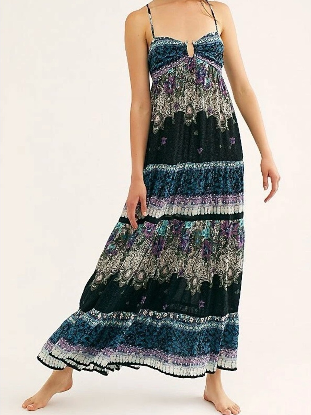Free People Intimately Give A Little Maxi Dress Black Combo XS Boho Floral Print